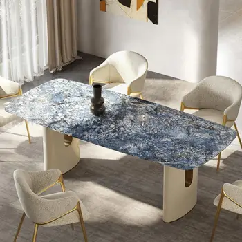 קפה איטלקי מלבן חדש תה יוקרה חדר האוכל ערכות שולחן כחול מרקם רוק לוח שולחן יציב שולחן מסגרת עגולה פינה