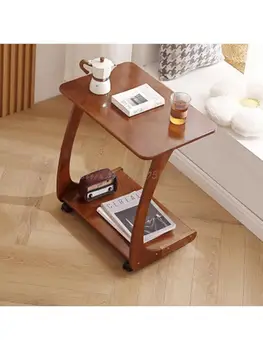 עץ מלא נשלף שולחן קפה עם גלגל ספה שולחן צד ליד המיטה שולחן סלון דירה קטנה שולחן מרובע