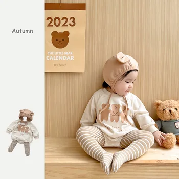 סתיו קריקטורה דוב תינוק ילדה הבגדים בגד שאיפה כובע 3 חתיכות סטים לתינוק תחפושת 0 ל-12 חודשים, התינוק הנולד דברים