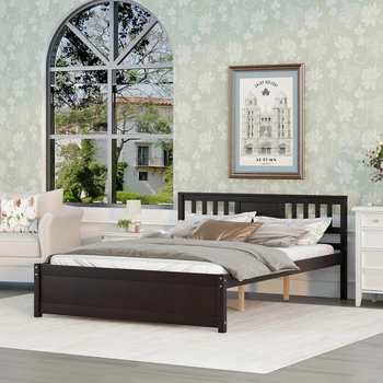 עיצוב מודרני עץ פלטפורמה המלכה מסגרת מיטה עם ראש מיטה עבור אספרסו צבע, שטח אחסון, 84.64