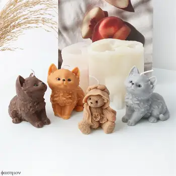 3D חמוד קטן חתול חיה סיליקון נר עובש סבון שוקולד חימר אמנות אמנות עובש תבניות עוגה לקשט את כלי הכנת נרות Kawaii