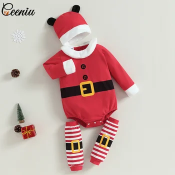 Ceeniu תינוק חג המולד רומפר בנים בנות סנטה בגד גוף+כובע עם מגיני ברכיים פסטיבל Cosplay בגדים לתינוקות השנה תחפושת