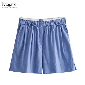 Ivogarel פסים פופלין המכנסיים לנשים באמצע שנות ה-עלייה מכנסיים קצרים עם גומי בחגורה ניגוד בד צד-התפר כיסים