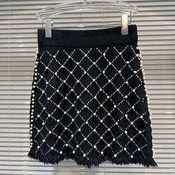 רחוב 2023 סתיו חדש Shinning פרל חרוזים Diamonded חצאית נשים מהחברה הגבוהה היפ חצאית מיני נשי שחורות חצאיות