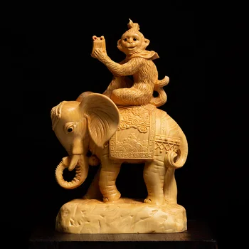 קוף רוכב על פיל החיה פסל סיני מזל הפנג שואי תאשור עץ מלא קישוט הבית גילוף מלאכות פתיחת מתנות