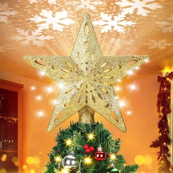 חדש חג המולד עץ טופר עיצוב כוכב בצורת פתית שלג LED של מקרן בבית חג המולד מסיבת החג תלוי קישוט לשנה החדשה 2024