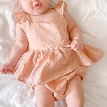 FOCUSNORM 0-18M קיץ בנות תינוק מתוק רומפר השמלה 2pcs קפלים לעוף השרוול קו A-שמלה עם סרט