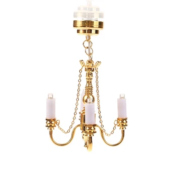 1 חתיכה 1:12 בית הבובות מיני 4 זרוע תקרה מנורת שנדליר מנורת LED אור הקיר דגם בית עיצוב בית בובות קישוט זהב