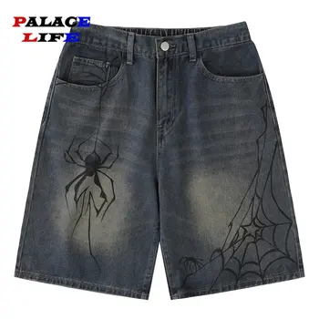 Y2K מכנסי ג 'ינס קצרים העכביש קורי עכביש מודפס הקיץ חופשי מזדמן מכנסי ג' ינס קצרים אופנה Harajuku היפ הופ אופנת רחוב כחול קצר לגברים