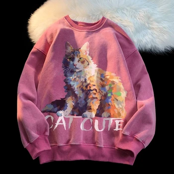 האמריקאי שטף הישן Pullovers סוודר נשים רופף חתול חיה גרפי מודפס סתיו/חורף חמים או הצוואר חולצות יוניסקס מקסימום