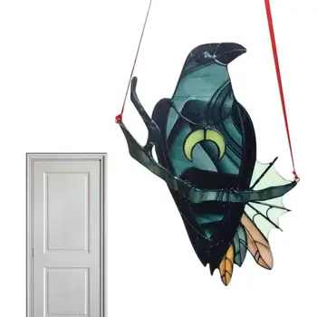 העורב מכשפה צבעונית ציפור שחורה עם ירח השרשרת דקורטיבי חלון קיר קישוט זכוכית גן פסלונים.
