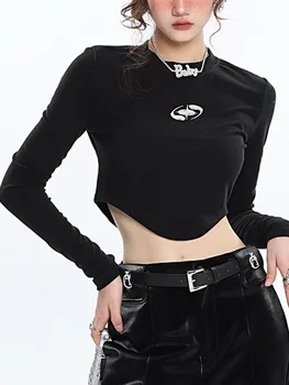 אופנה קוריאנית לא סדיר חולצת נשים האביב שרוול ארוך שחור גזורה בציר מוצק צבע תואם Slim Fit Y2k אופנת רחוב