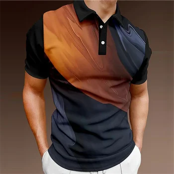 2023 בציר גברים חולצת פולו 3d פסים צבע ניגודיות מודפס של הגברים חולצה קיץ