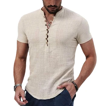 2023 חדש לגברים שרוול קצר חולצת טי צוואר V כפתור כותנה פשתן החולצה של הגברים בגדים מזדמנים צמרות פופולריות לגברים
