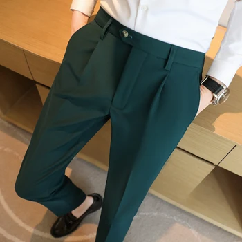 בסגנון בריטי גברים גבוהה המותניים שמלה מכנסיים סתיו מוצק צבע מזדמנים מכנסיים Slim Fit רשמית את המכנסיים אופנה גברים ביגוד 38