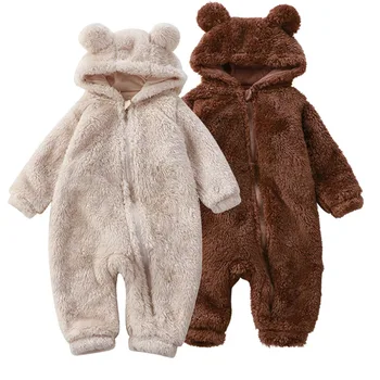 חורף חם Hoodied התינוק Rompers עבור בנים בנות דוב אוזן הוד פליז יחיד התינוק סרבלים פיג ' מה, הלבשת לילה פעוט בסך הכל