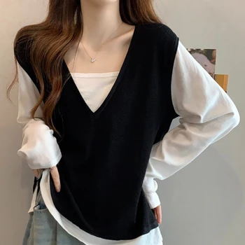 סגנון קוריאני גדול מזויף שני חלקים לכל היותר 2023 סתיו V בצוואר שרוול מלא סוודר החולצה מזדמנים נשים משוחררות עם פסים Tees
