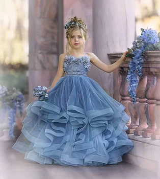 מדהים בשכבות חרוזים Appliqued פרע ילדה שמלת נשף נסיכת הטקס הראשון נשף תחפושות שמלה פרח 2023