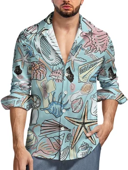 HX אופנה גברים חולצות חיים ימיים הקונכיה ים מודפס חולצת שרוול ארוך לגברים חוף הוואי חולצה מזדמנים צמרות Dropshipping