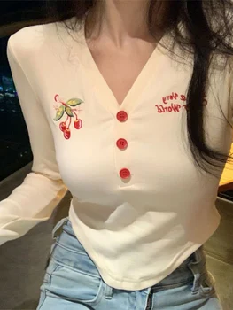 Y2k דובדבן רקום חולצה נשים סקסי V בצוואר שרוול ארוך יבול נקבה העליון האביב קוריאני אופנה Harajuku מתוק חמוד רזה Tees