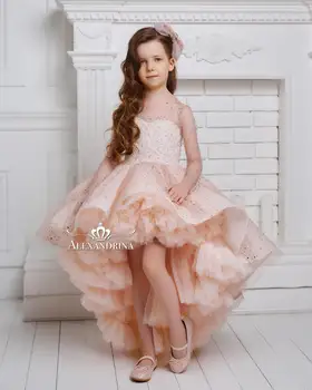 פלאפי ורוד פרח ילדה שמלות חתונה נצנצים פייטים חרוזים היי לו ילדים מסיבת יום הולדת שמלות קפלים שכבתית ילדים חצאיות