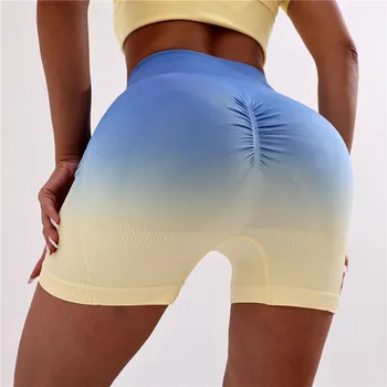 כחול צהוב נשים חלקה תחת הרמת ספורט קצרים מהירים יבשות גודל פלוס אימוני ספורט, כושר גבוהה המותניים יוגה מכנסיים קצרים