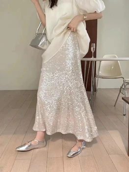החצאית הארוכה נשים עם קו מותן גבוה רזה הקיץ החדש פאייטים חצוצרה חצאיות לבן אופנה קוריאנית פשוט אלגנטי משרד ליידי 2023