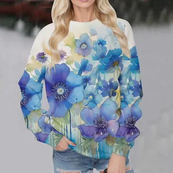 נשים שרוול ארוך החולצה פרח הדפסה או צוואר רופף קט 2023 סתיו חורף אופנה יומית המשרד חם החולצה מקסימום