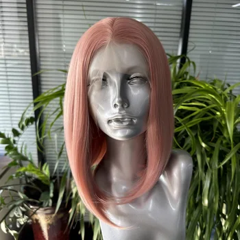 Aiva שיער ורוד צבע סינטטי 13x4 פאה הקדמי של תחרה עמיד בחום ישר קצר בוב Glueless Cosplay פאות עבור נשים שחורות 180%