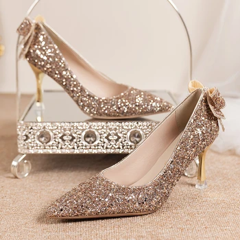 דאונטה יוקרה זהב נצנצים משאבות נשים 2023 סתיו עקבים מסיבת חתונה נעלי אישה הבוהן מחודד דק עקבים נעליים