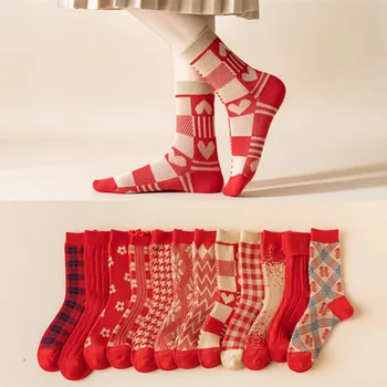 5PC אדום בהיר גרביים של נשים גרביונים בחורף, זוג גרביים הם מעובה, מחמם, אופנתי, כותנה טהורה בחורף מצחיק
