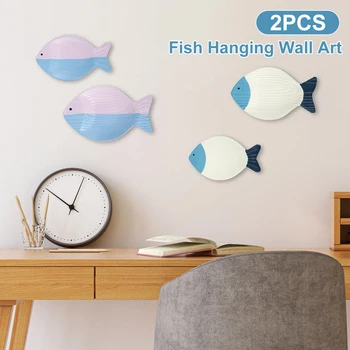 2Pcs עץ דגים בסגנון רטרו התלוי דגים אמנות קיר מעץ ימית החוף דגים קישוט אמנותי אושן דגים חדר עיצוב יצירתי
