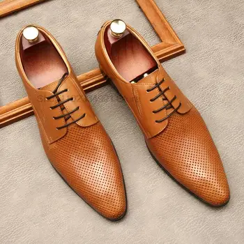 עבודת יד Mens חתונה נעלי אוקספורד שחור חום עור אמיתי שטוח נעליים לנשימה תחרה עסק רשמי דרבי נעליים