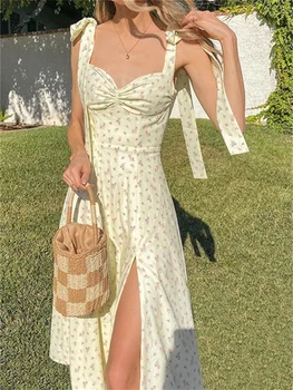 2023 ניו וינטג ' פרחוני הדפסה ספגטי רצועה פיצול שמלת אופנה נשים קיץ V-צוואר מחשוף גב מסיבת חוף ללבוש גלימה נשית Emo