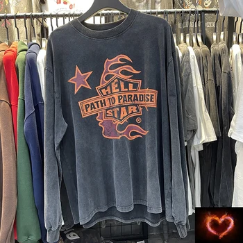 Hellstar ארוך שרוולים T-shirt שטף לעשות הקשישה דיוקן הדפסה זוג מזדמנים יומי כל-התאמה גברים, נשים, צוואר צוות מקסימום