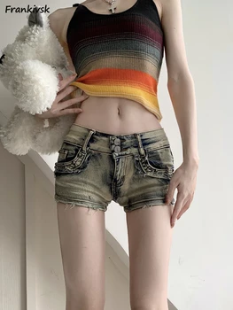 סקיני נשים מכנסיים קצרים בקיץ שיק מותן נמוכה מכנסי ג ' ינס רטרו Y2k מסמרת בסגנון אמריקאי סקסי מוצק רחוב ללבוש קצה גלם אופנתי במצוקה