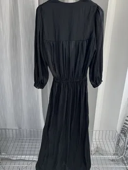 2023 בתחילת הסתיו נשים סאטן שחור אופנה עם שרוולים ארוכים עמוק V קפלים אלסטי המותניים אמצע אורך השמלה
