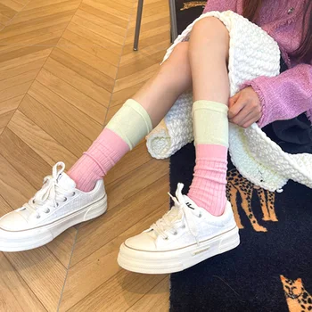 חדש שני צבעים טלאים עגל גרביים צבעוניים נוח Breathables אלסטי שנות ה-גרבי נשים בנות יומי בגדים ואביזרים
