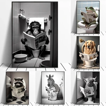 חיות יושב בשירותים קורא עיתון פוסטר טביעות קוף מצחיק הכלב פרה קיר אמנות בד הציור אמבטיה עיצוב תמונות