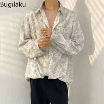 Bugilaku קיץ חדשה ספרותית נוער ארוך שרוול החולצה, רטרו הונג קונג בסגנון פרחוני לגברים חולצה