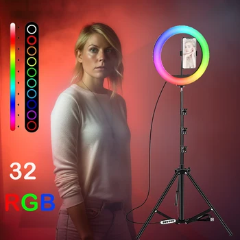32 Clour LED RGB Selfie טבעת אור מעגל וידאו למלא סביב מנורת תאורה צילום RingLight עם מחזיק טלפון חצובה Stand