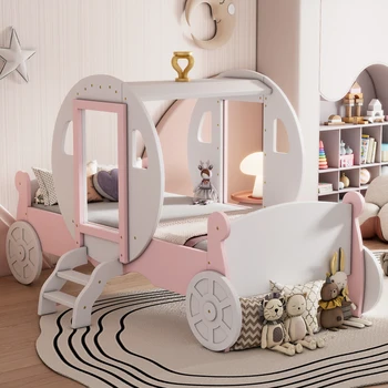 מקסים זוגית גודל הנסיכה הכרכרה למיטה עם הכתר,עץ פלטפורמה מיטת מכונית עם מדרגות,ייחודי למיטה לילדים השינה,לבן+ורוד
